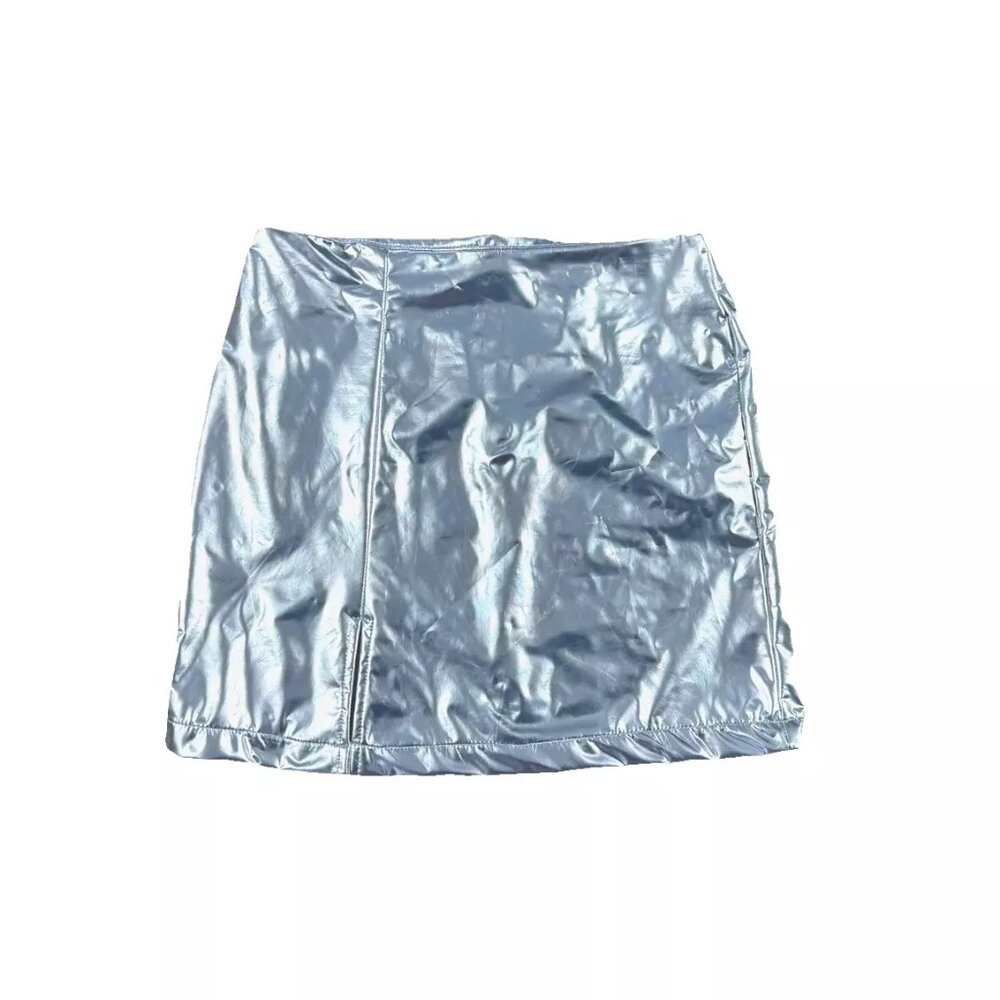 Vertiche NWT Silver Metallic Mini Skirt Small Slit Trashy Cheap Sexy Costume